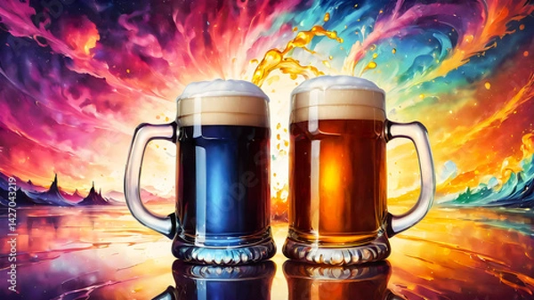 Fototapeta two beer mugs, massive big bavarian beer festival mugs on abstract colorful background.