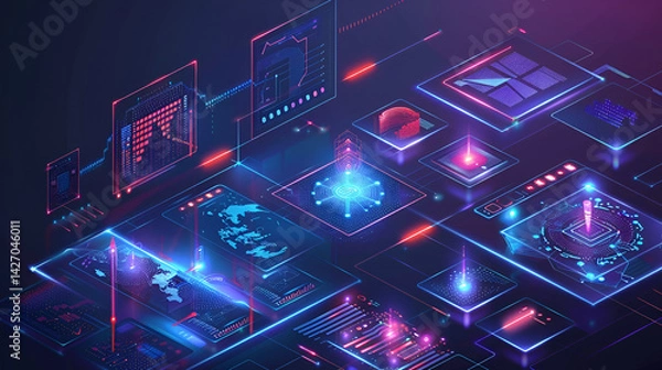 Fototapeta Isometric representation of data visualization with glowing elements and digital interfaces .