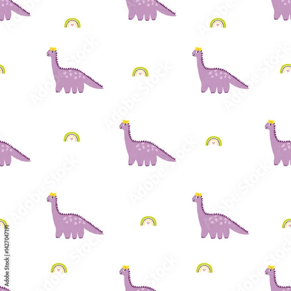 Obraz dinosaur girl in yellow bow seamless pattern with rainbow elements, kids fabric and textile texture, nursery decoration, accessories.