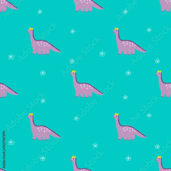 Obraz dinosaur girl in yellow bow seamless pattern with floral elements, kids fabric and textile texture, nursery decoration, accessories.