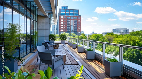 Fototapeta A view of a modern outdoor terrace with chairs plants and a cityscape in the background on a sunny day .