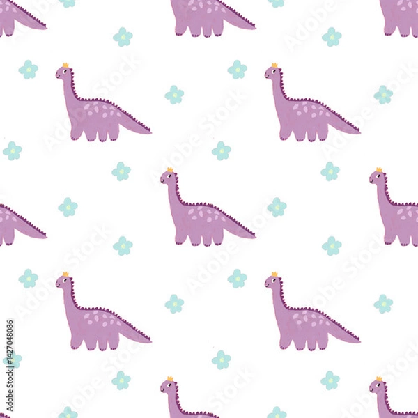 Obraz dinosaur princess in yellow crown seamless pattern with floral elements, kids fabric and textile texture, nursery decoration, accessories.