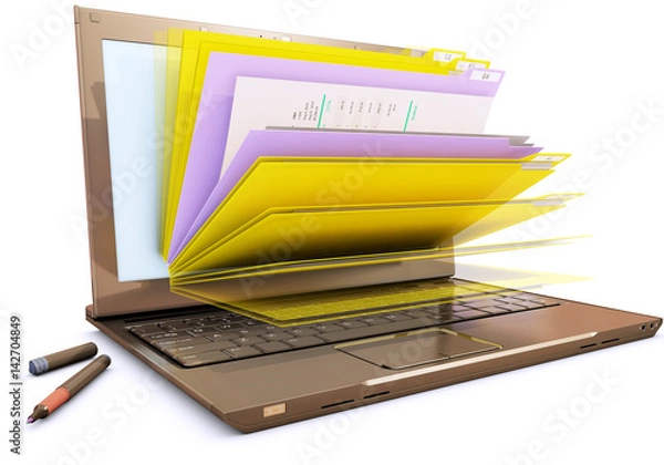 Fototapeta file in database - laptop with folders, 3d rendering