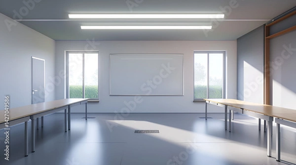 Fototapeta A classroom interior with tables, windows, whiteboard and a door in a bright and airy space .