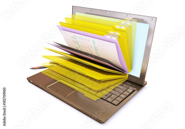 Obraz file in database - laptop with folders, 3d rendering