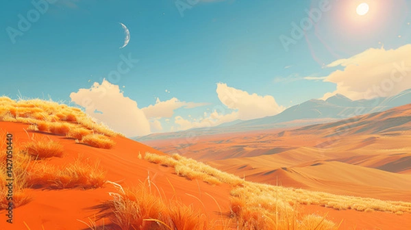 Fototapeta A stylized desert landscape with dunes, sparse vegetation, a moon and clouds in a blue sky .
