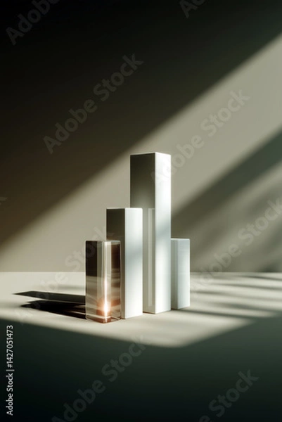 Fototapeta Minimalist metal blocks in dramatic sunlight, abstract geometric composition with reflections and shadow play
