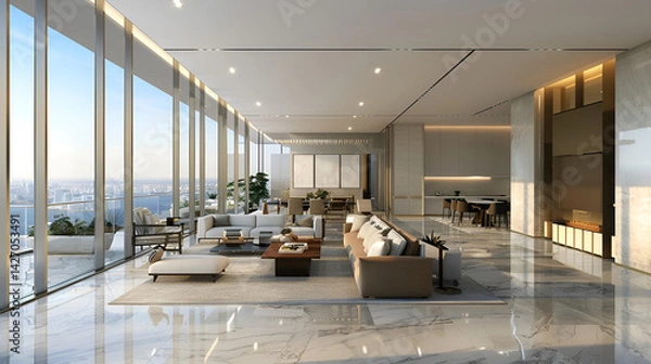 Fototapeta Spacious living room with floor to ceiling windows and city view in a modern apartment design .