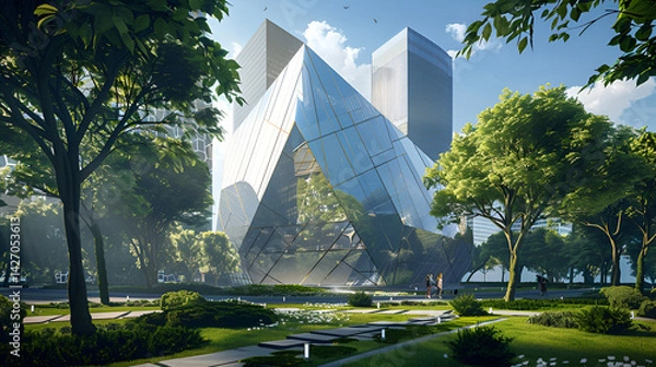 Fototapeta Modern architecture with glass building and green park area under a bright blue sky day time view .