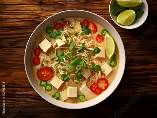 Obraz Top view of a delicious vegan ramen soup with tofu and vegetables, wooden table background