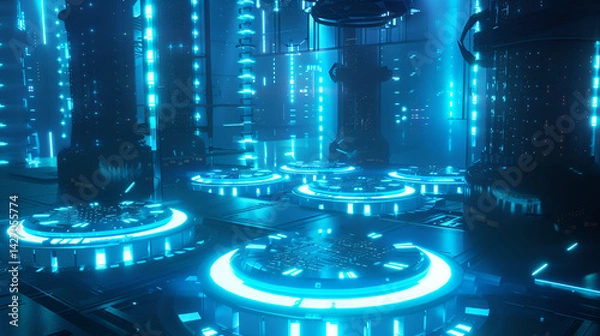 Fototapeta Illuminated platforms and structures in a futuristic blue lit environment with a digital aesthetic .