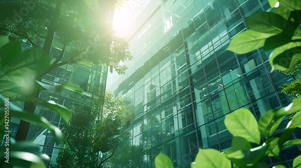 Fototapeta View of glass building with trees and green leaves creating a natural urban environment scene .