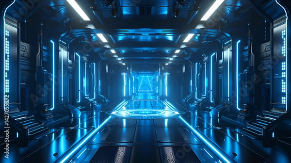 Fototapeta A futuristic hallway illuminated with blue neon lights and a triangle at the end of the passage .