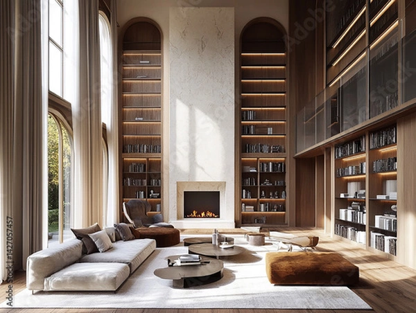 Fototapeta 
elegant living room interior in refined Old Money style, 3.8 meter high ceiling, grand floor-to-ceiling panoramic window flooding the room with natural light, luxurious material