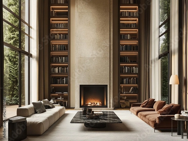 Fototapeta 
elegant living room interior in refined Old Money style, 3.8 meter high ceiling, grand floor-to-ceiling panoramic window flooding the room with natural light, luxurious material