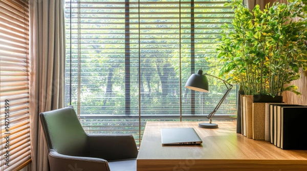 Obraz "Functional Serenity: Home Office with Practical Window Features"

