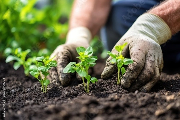 Fototapeta Planting seedlings in garden soil.  Hands in gloves carefully place young plants into the earth.  Healthy growth starts here