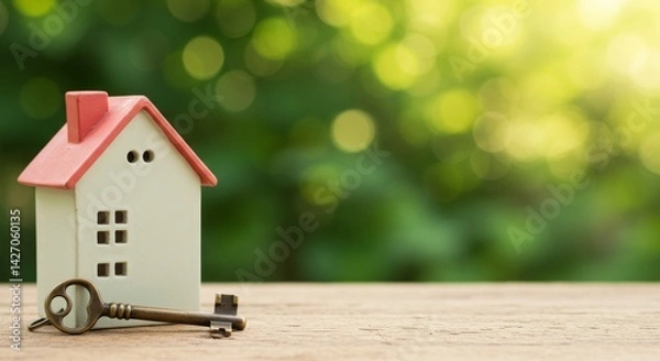 Fototapeta Miniature house model with a red roof and an antique key resting on wooden surface, representing home ownership and security in a serene green backdrop