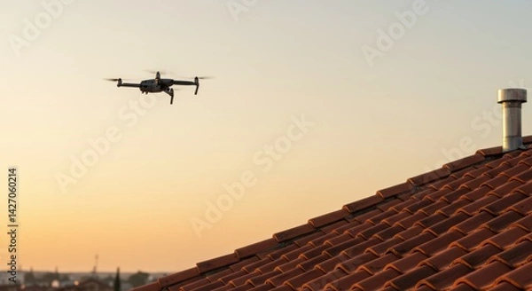 Fototapeta Drone flying over a terracotta roof at sunset, showcasing technology's integration into urban landscapes