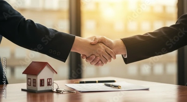 Fototapeta Business professionals shaking hands with a miniature house and keys, symbolizing real estate agreement in a well-lit office