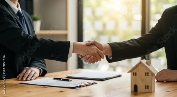 Fototapeta Business professionals shaking hands to close a real estate deal, with a wooden house model and documents on the table highlighting success and partnership