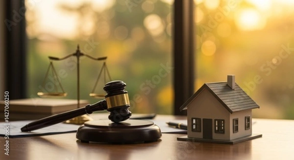 Fototapeta Symbolic gavel resting on a wooden desk beside a miniature house, representing the concepts of justice and real estate law, with a warm, blurred background highlighting a serene atmosphere