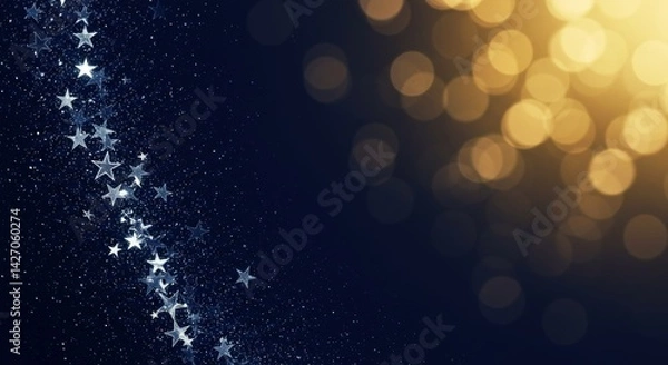 Fototapeta Shimmering stars scattered across a deep blue background, creating a magical atmosphere with golden bokeh highlights, perfect for festive and celebratory themes