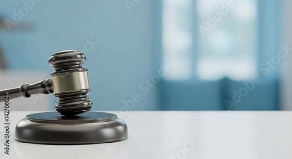Fototapeta Closeup of a gavel resting on a wooden block, symbolizing justice and authority, set against a soft blue background with blurred details