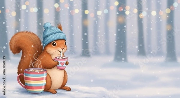Fototapeta Squirrel wearing a blue knit hat enjoying hot chocolate in a snowy forest, surrounded by a wintery atmosphere and colorful lights