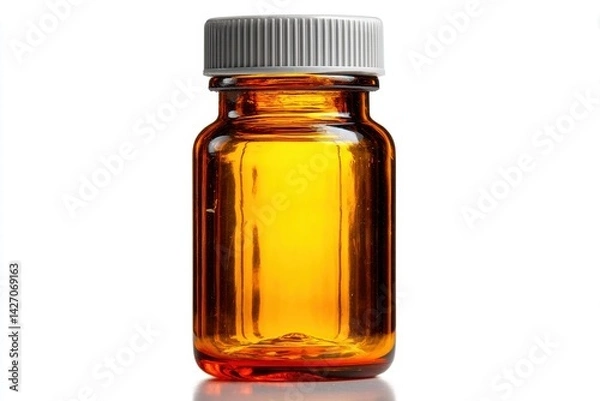 Obraz Amber glass bottle with a white cap for storing medication, isolated on white background, minimal design, pharmaceutical container, health and beauty product, clean studio shot.