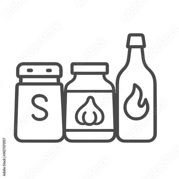 Fototapeta Condiments for BBQ - salt, sauce, and spice bottles in outline style  