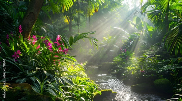 Fototapeta Lush tropical garden scene with stream, pink flowers and sunbeams shining through the foliage .