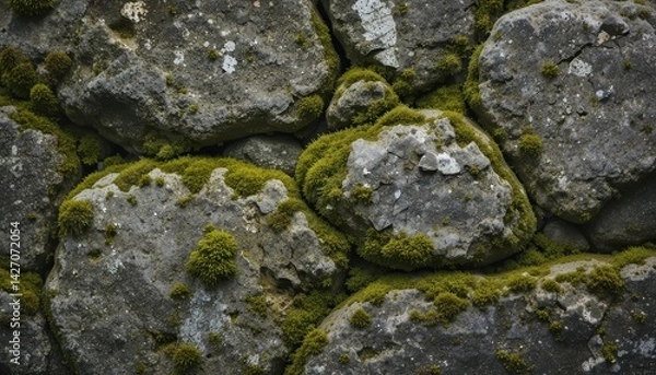 Fototapeta Close-Up View of Rough Stone Wall with Green Moss in Natural Environment