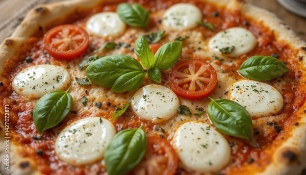 Fototapeta Freshly Baked Pizza with Mozzarella Cheese, Tomato Slices, and Basil Leaves on Wooden Table