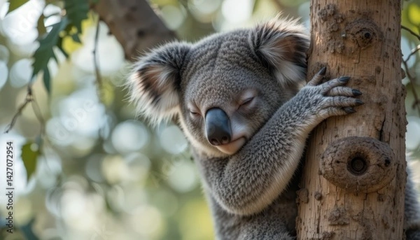 Fototapeta Sleepy Koala Clinging to Tree Branch in Natural Habitat with Soft Focus Background