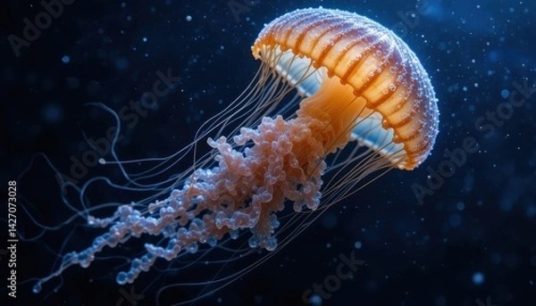 Fototapeta Glowing Jellyfish Floating in Deep Blue Ocean with Ethereal Light Effects and Graceful Tentacles