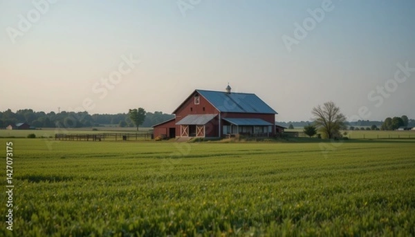 Fototapeta Serene Red Barn Surrounded by Lush Green Fields under Clear Sky at Dawn in Rural Landscape