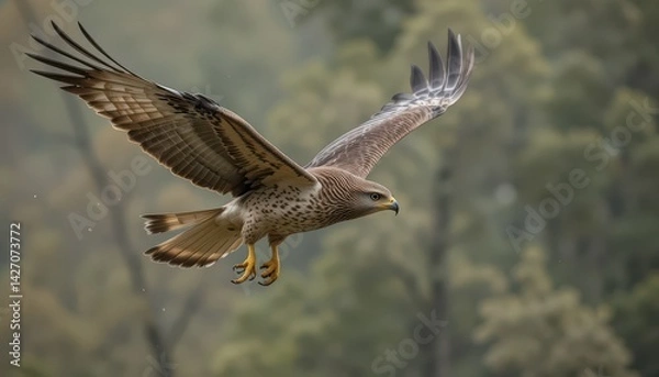 Fototapeta Majestic bird of prey soaring gracefully through a serene natural landscape in soft focus