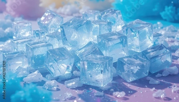 Obraz Sparkling Ice Cubes on Colorful Background with Frosty Elements and Reflections