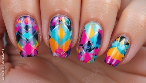 Fototapeta Colorful Geometric Nail Art Design with Vibrant Patterns and Glossy Finish for Creative Manicure