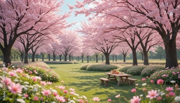Fototapeta Serene Cherry Blossom Garden with Picnic Area Surrounded by Colorful Flowers Under Bright Sky