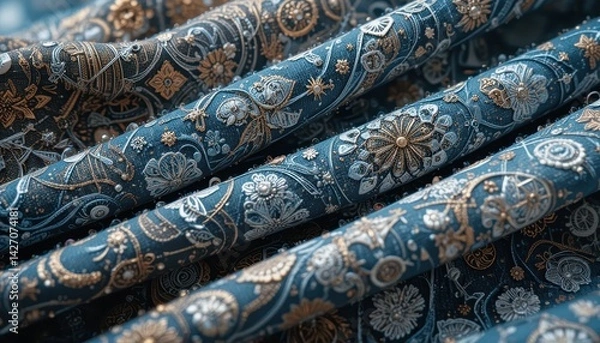 Fototapeta Elegant Blue Fabric with Intricate Golden and Silver Floral and Geometric Patterns Close-Up