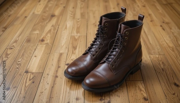 Fototapeta Stylish Brown Leather Lace-up Boots on Wooden Floor with Natural Light and Texture