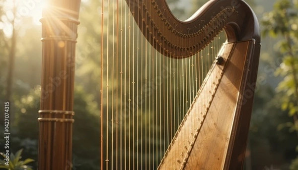 Fototapeta Elegant Wooden Harp Glimmering in Soft Morning Light in Serene Natural Setting