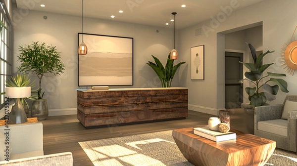 Fototapeta A modern lobby area featuring a wood reception desk and comfortable seating with natural light .