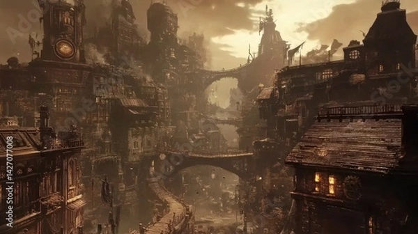 Fototapeta A detailed cityscape spanning across various bridges and structures