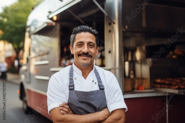 Fototapeta Portrait of a confident Hispanic middle age chef with standing by food truck on street