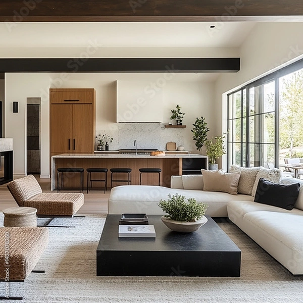 Fototapeta 
An open-plan, modern living room designed to convey warmth and comfort. Bright natural daylight flows in on a fresh spring day, illuminating oak wood details, matte black accents