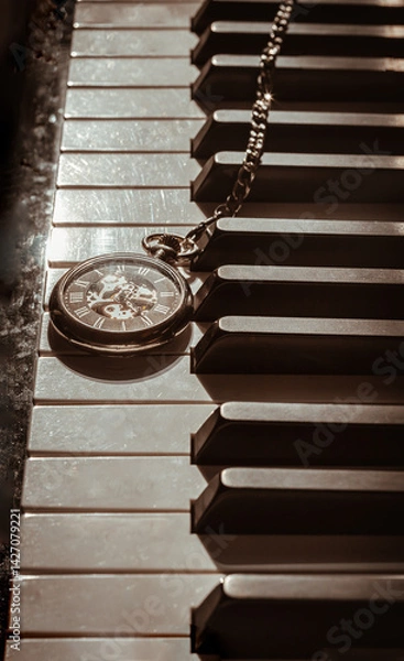 Obraz Perspective of Retro pocket watch or Antique pocket watch on Piano keys background in Vintage tone. "keys and time" use it as your Wallpaper, Poster and Copy space, Selective focus.