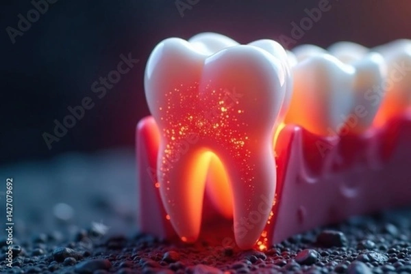 Obraz Intense throbbing pain in molar, inflamed gum ,  wisdom tooth,  dentist appointment,  dental imaging
